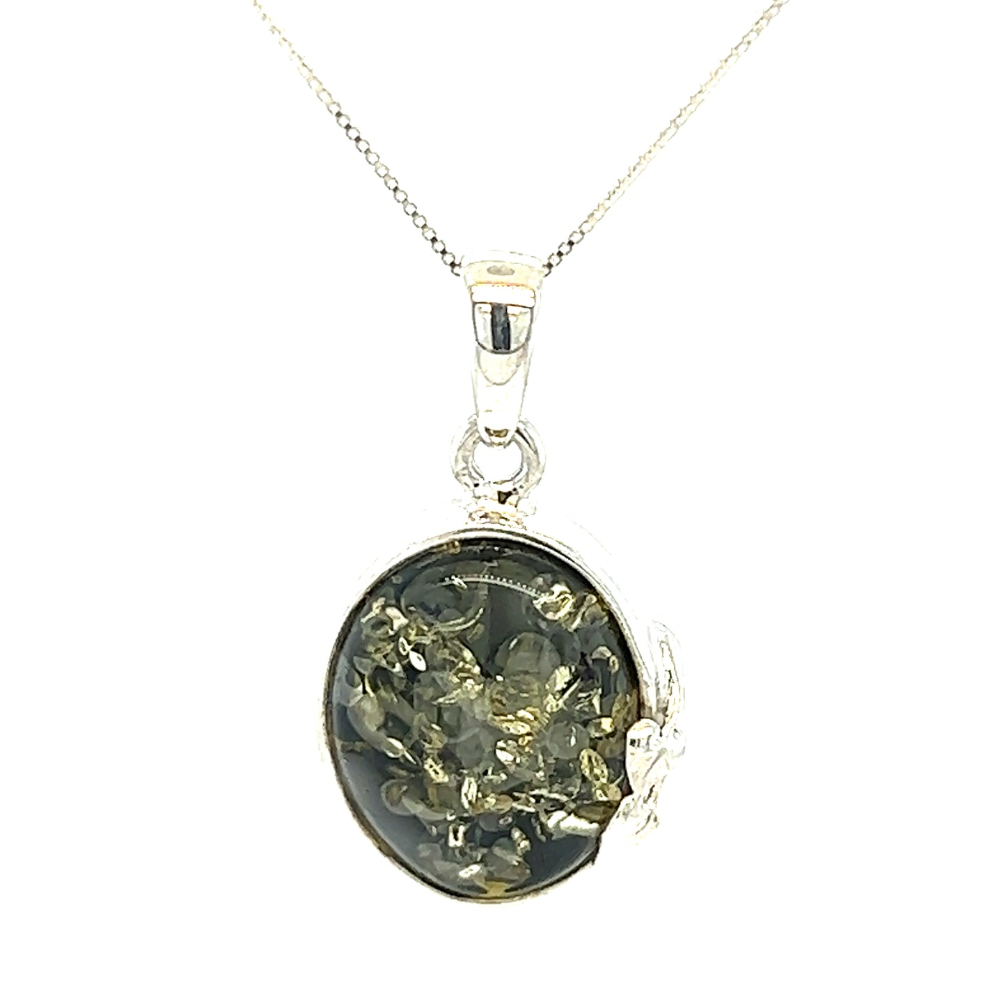 This nature-inspired pendant, the Green Amber Oval Pendant with Delicate Leaf from Super Silver, features a silver setting with a mesmerizing black and green stone, known for its healing properties.