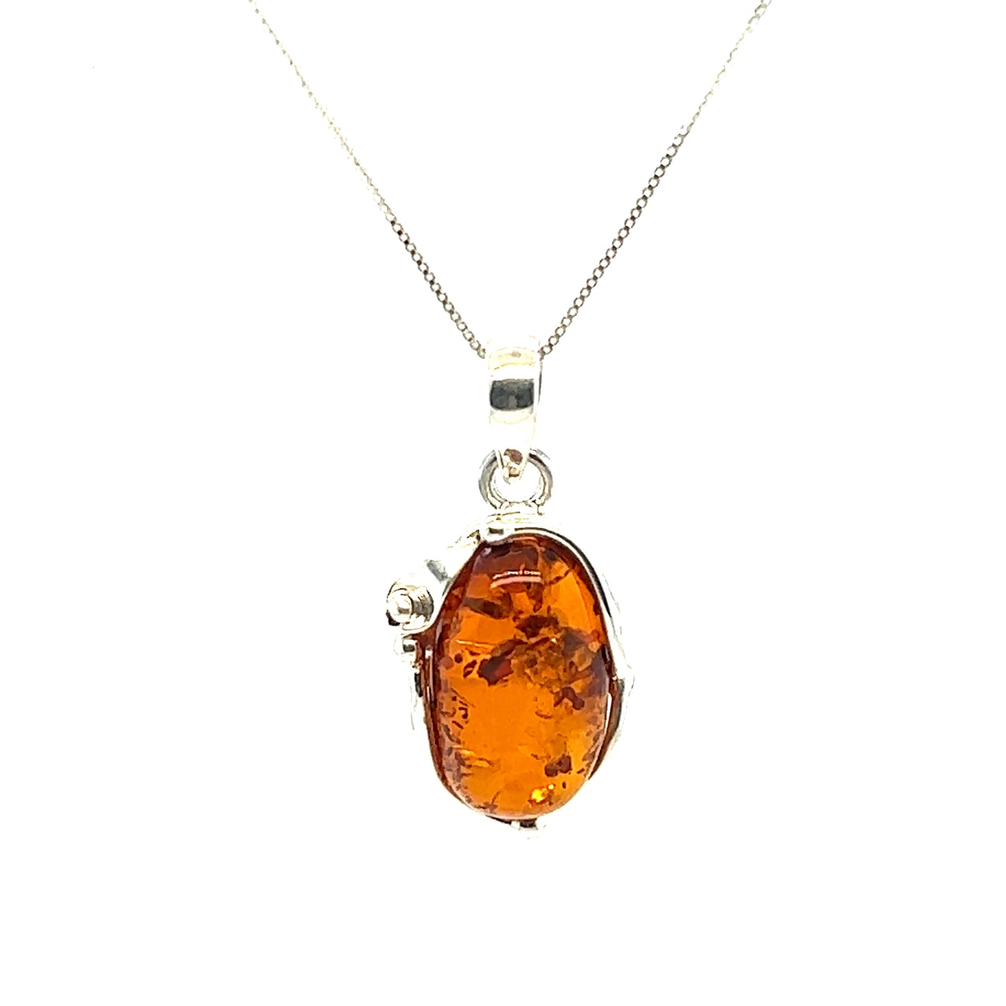 Vintage-inspired Super Silver Stunning Amber Oval Pendant adorned with silver vines in sterling silver.
