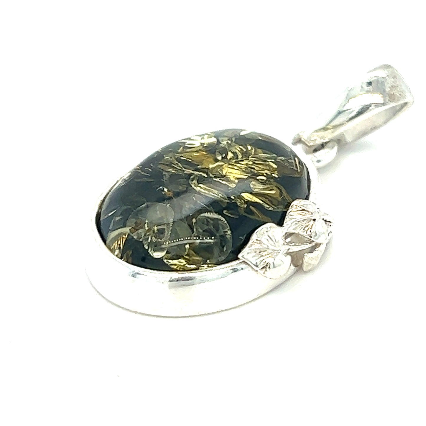 
                  
                    A Super Silver Green Amber Oval Pendant with Delicate Leaf with healing properties.
                  
                