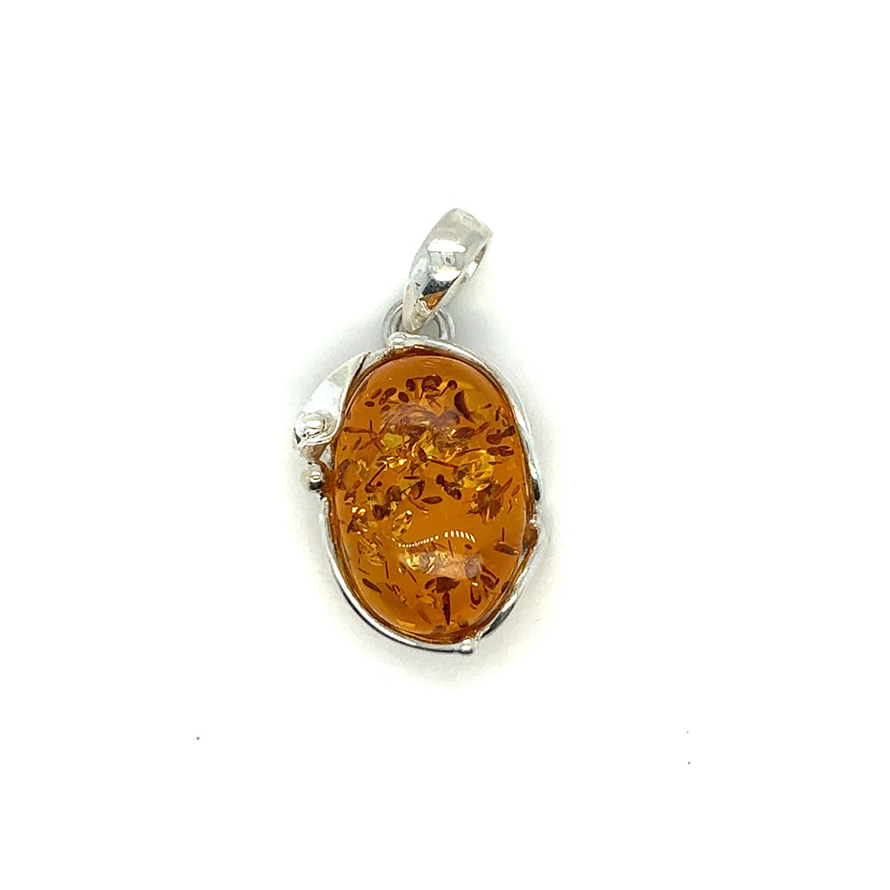 A vintage-inspired Stunning Amber Oval Pendant adorned with silver vines, showcased beautifully on a crisp white background, by Super Silver.
