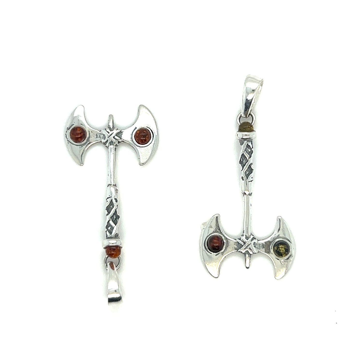 A pair of Super Silver Amber Accented Battle Axe Pendants, perfect for the warrior within.