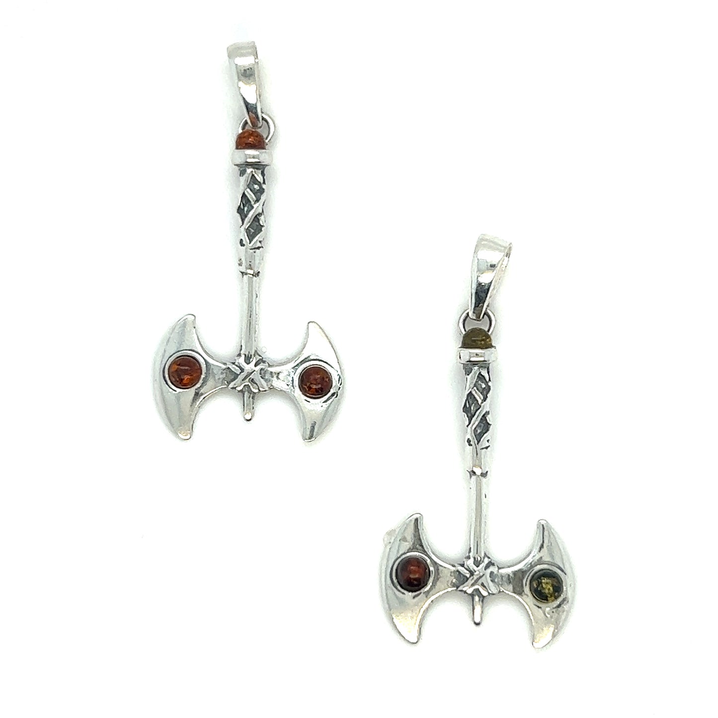 Two Super Silver Amber Accented Battle Axe Pendants with garnet stones.