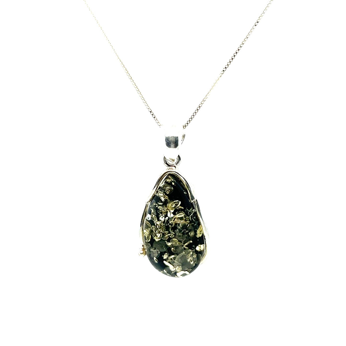 
                  
                    A black and yellow stone necklace with a teardrop Super Silver Large Green Amber Pendant.
                  
                