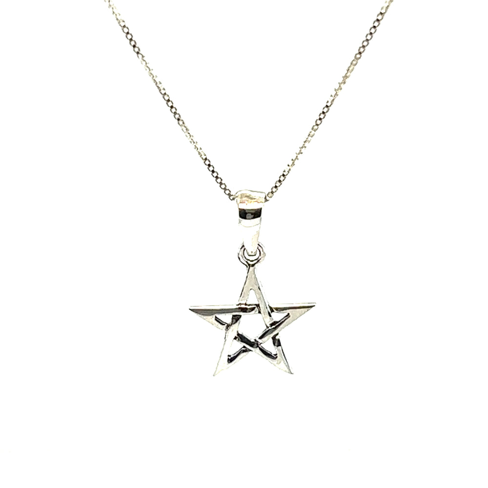 A Super Silver Small Pentagram Charm pendant on a chain.