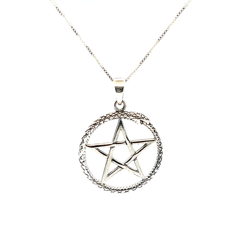 A mystical Pentagram Pendant with Encircling Snake Ouroboros on a chain, perfect for Wiccans harnessing the power of arcane forces from Super Silver.