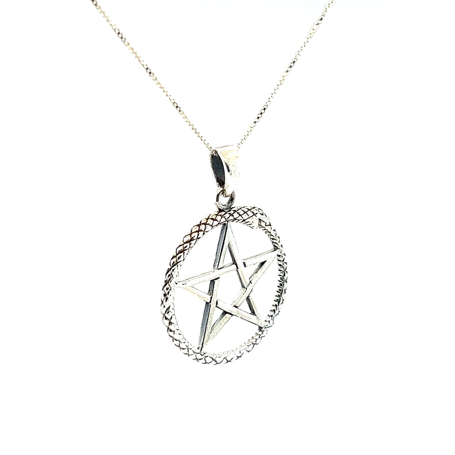 
                  
                    A Super Silver Pentagram Pendant with Encircling Snake Ouroboros, symbolizing mystical forces, on a white background.
                  
                