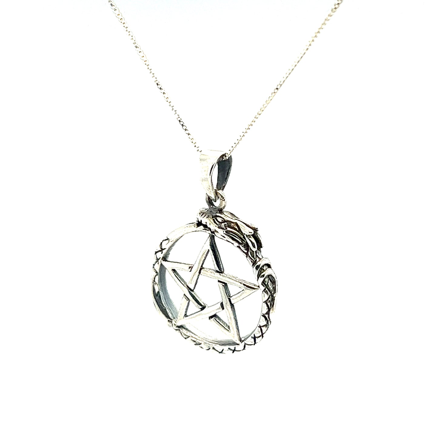 
                  
                    A Pentagram Pendant with Encircling Dragon Ouroboros on a chain with antique detailing, from the brand Super Silver.
                  
                