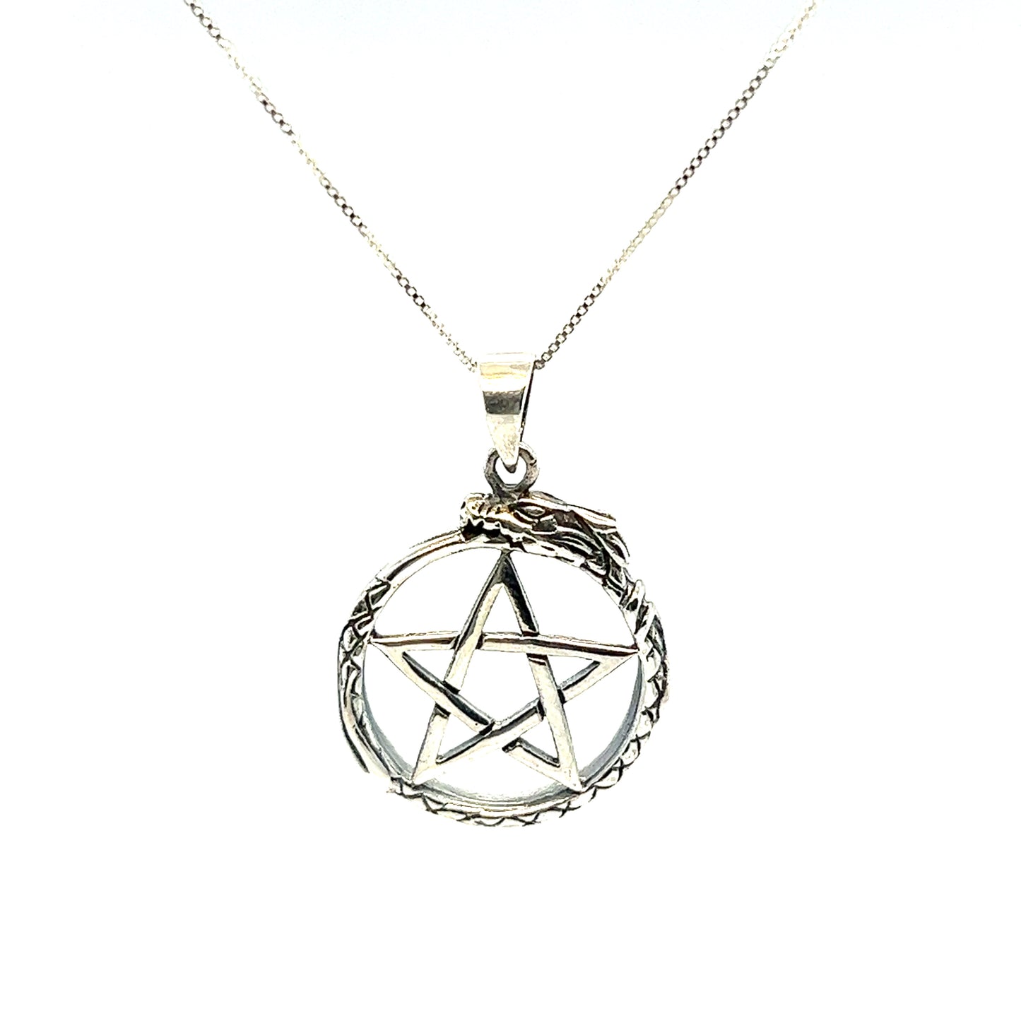 
                  
                    A mystical Pentagram Pendant with Encircling Dragon Ouroboros on a Super Silver chain.
                  
                