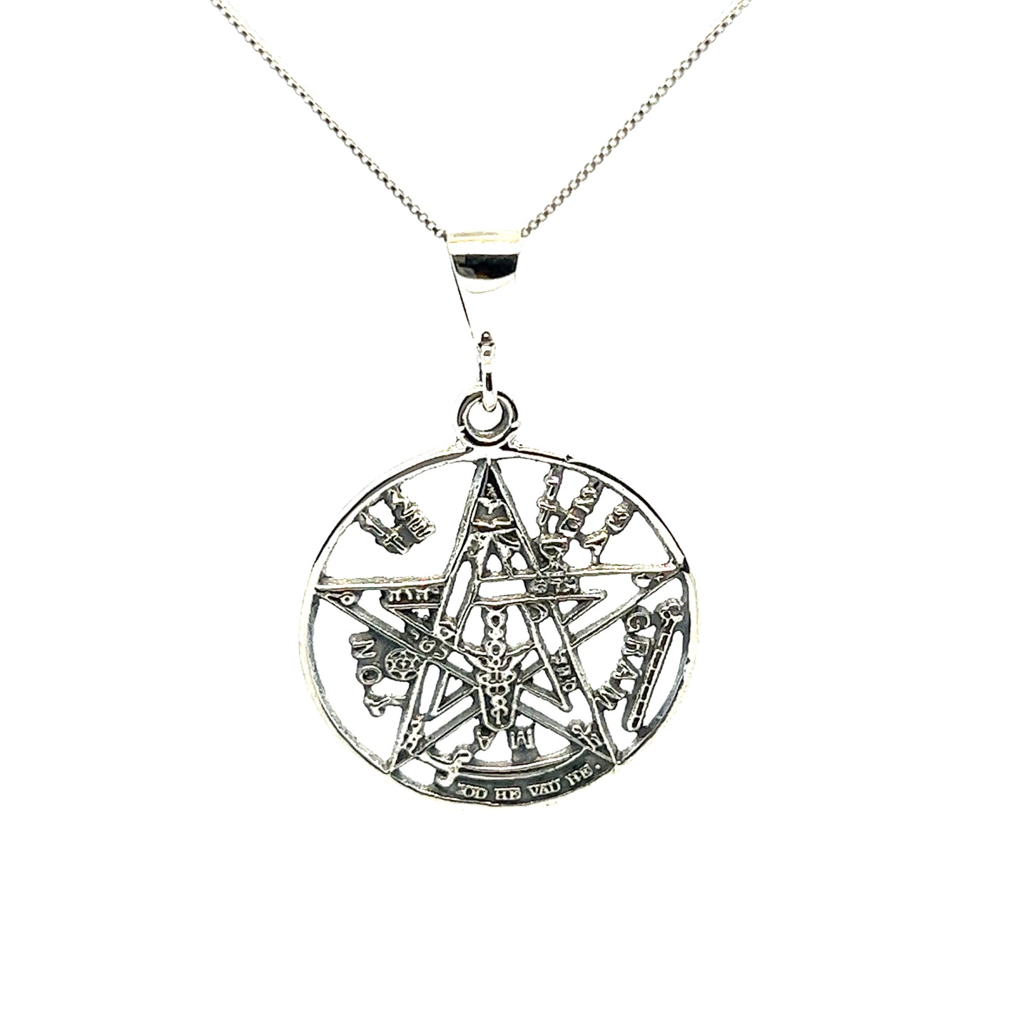 A Super Silver Tetragrammaton pendant on a chain, symbolizing faith.