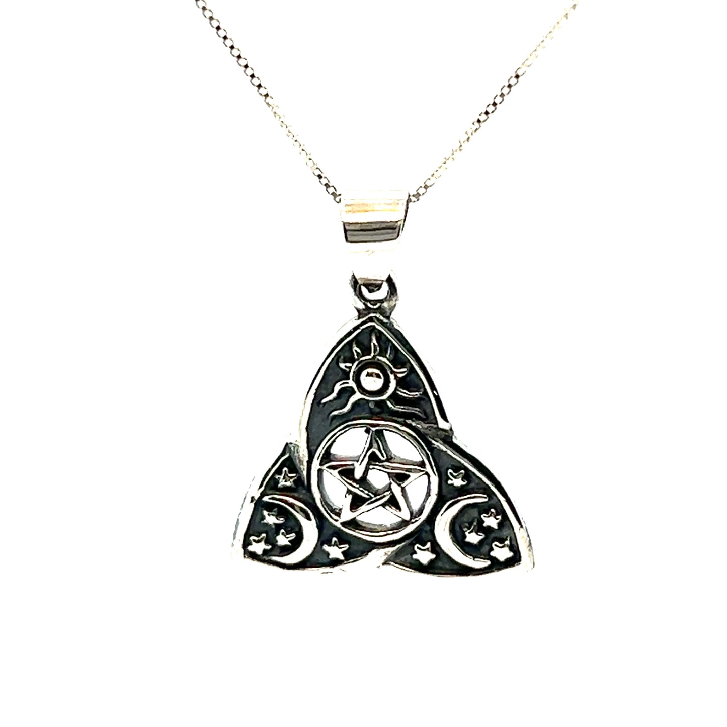 A Triquetra Pentagram Pendant with Celestial Designs necklace from Super Silver, representing balance.