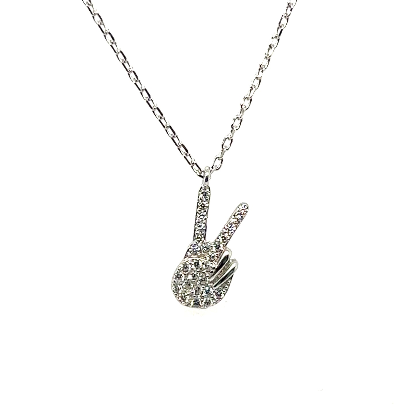 
                  
                    A Super Silver Glitzy Peace Sign Necklace with a diamond peace sign pendant.
                  
                