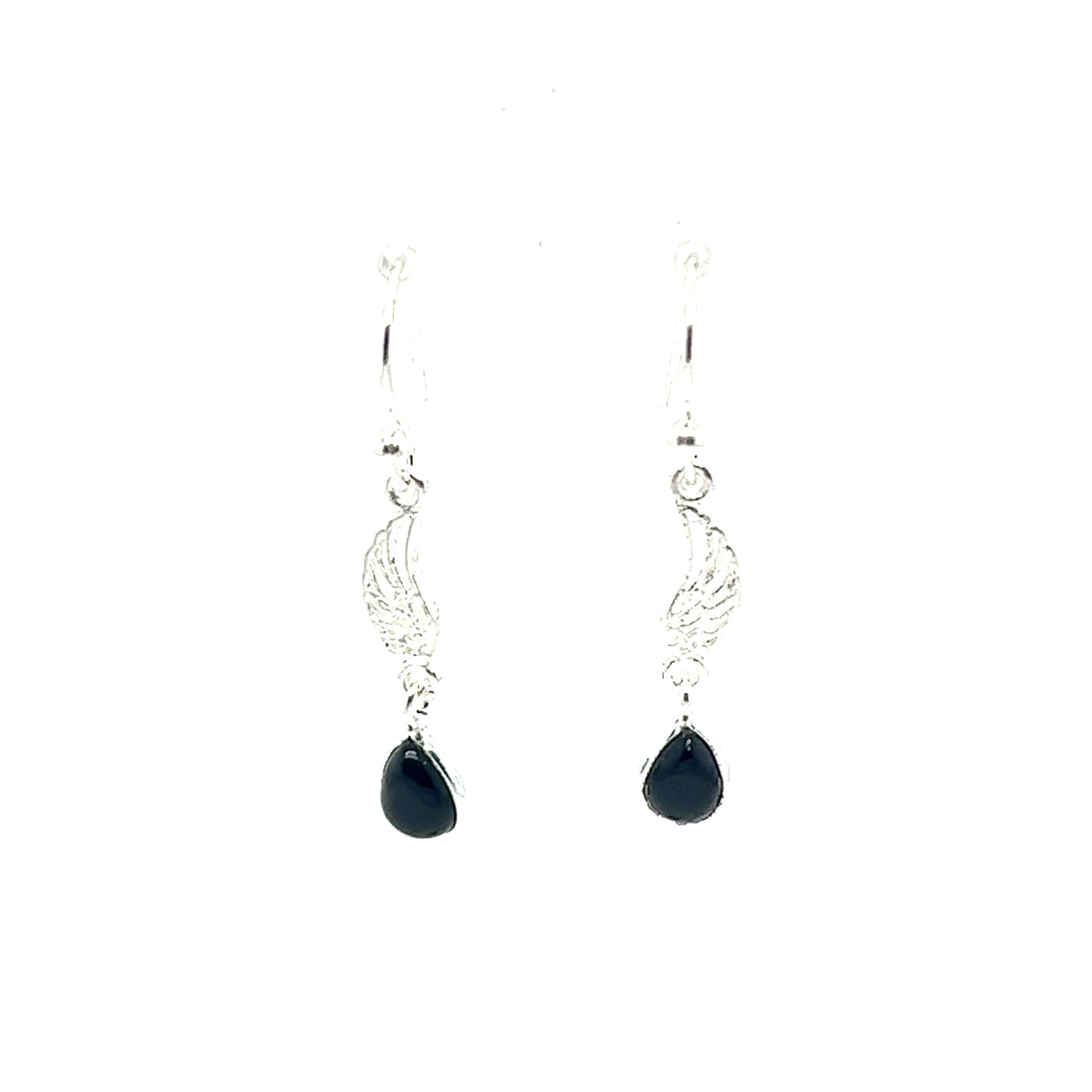 
                  
                    Super Silver's Angel Wing Earrings with Teardrop Shaped Stone featuring black onyx stones.
                  
                
