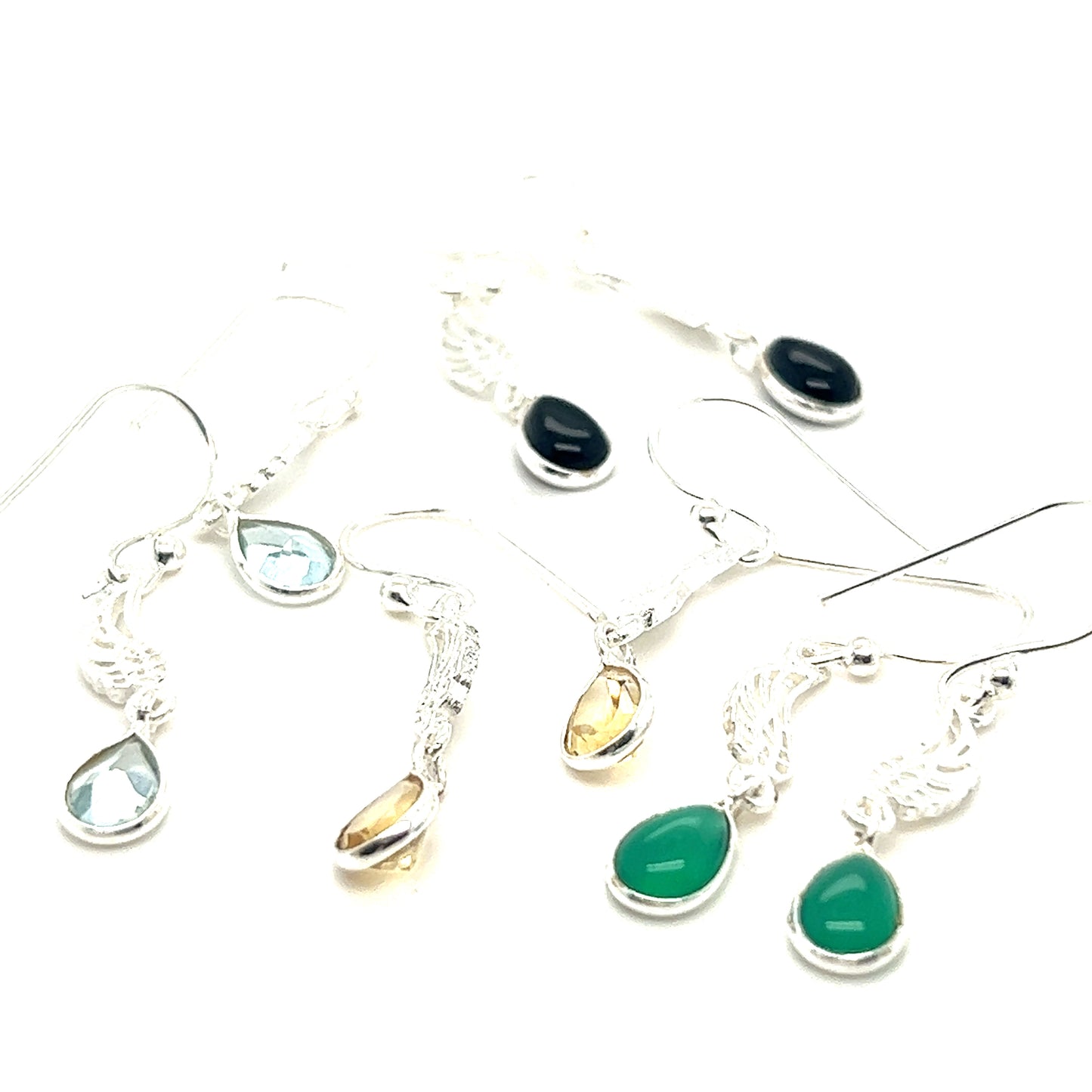 
                  
                    A pair of Super Silver angel wing earrings with teardrop-shaped stones in green and blue.
                  
                