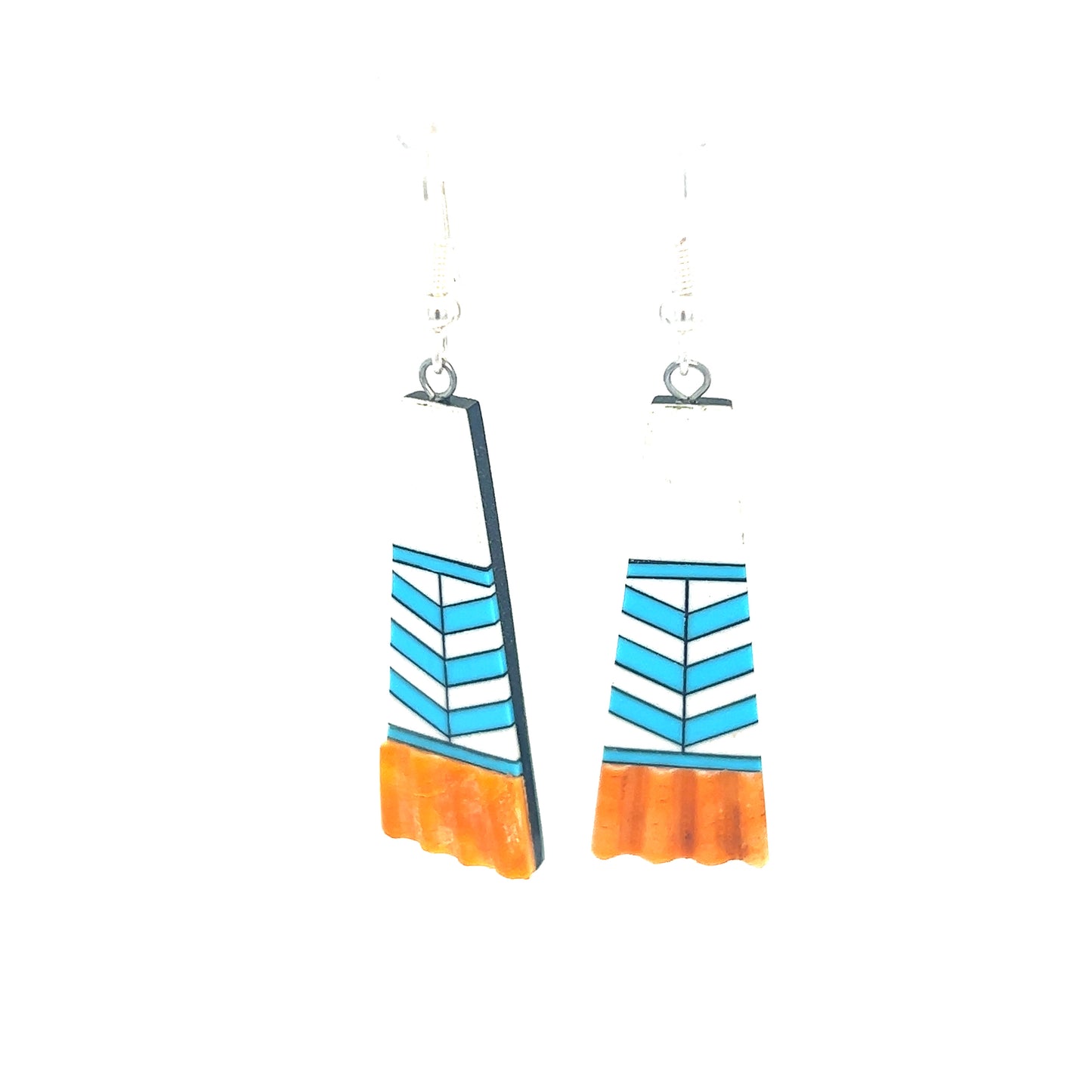 A pair of Native American Designed Inlaid Trapezoid Earrings in turquoise blue on a white background, handcrafted with spiny oyster shells by Super Silver artisans.
