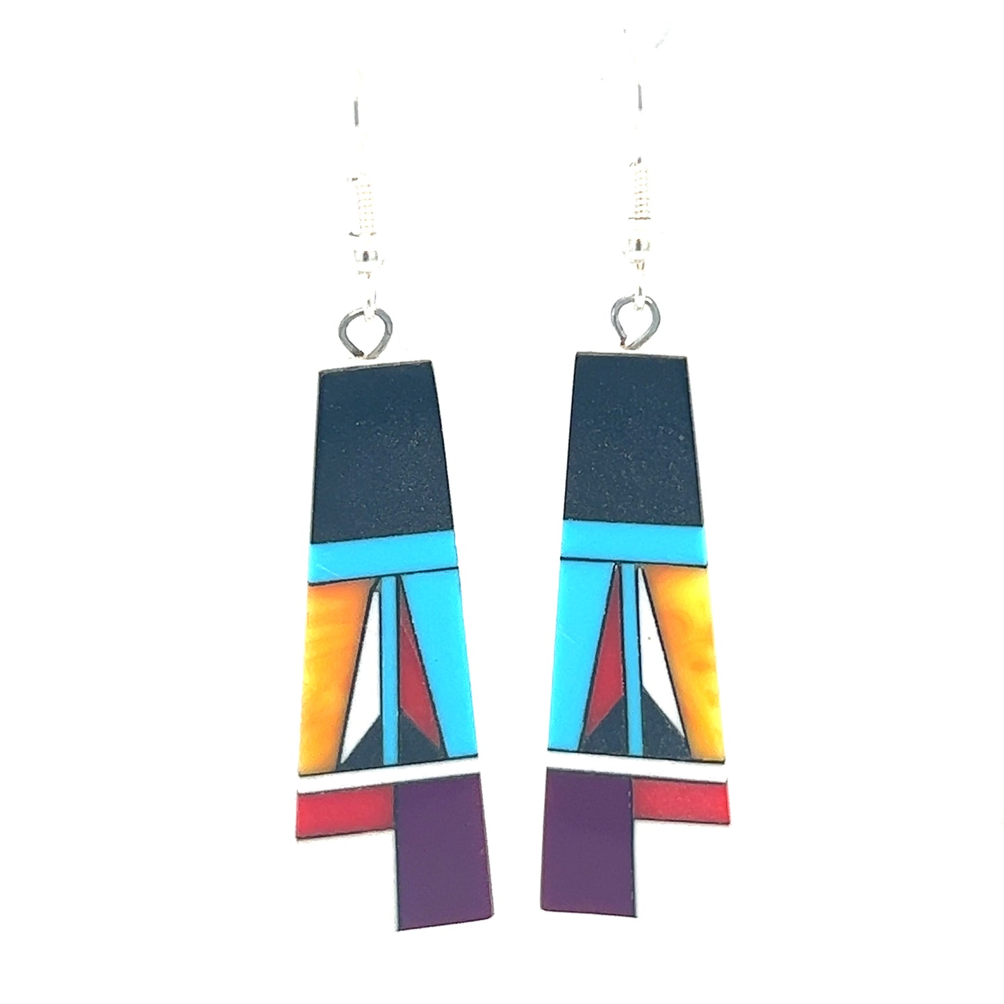 
                  
                    Super Silver's Native American Designed Inlaid Trapezoid Earrings with colorful designs and turquoise accents.
                  
                