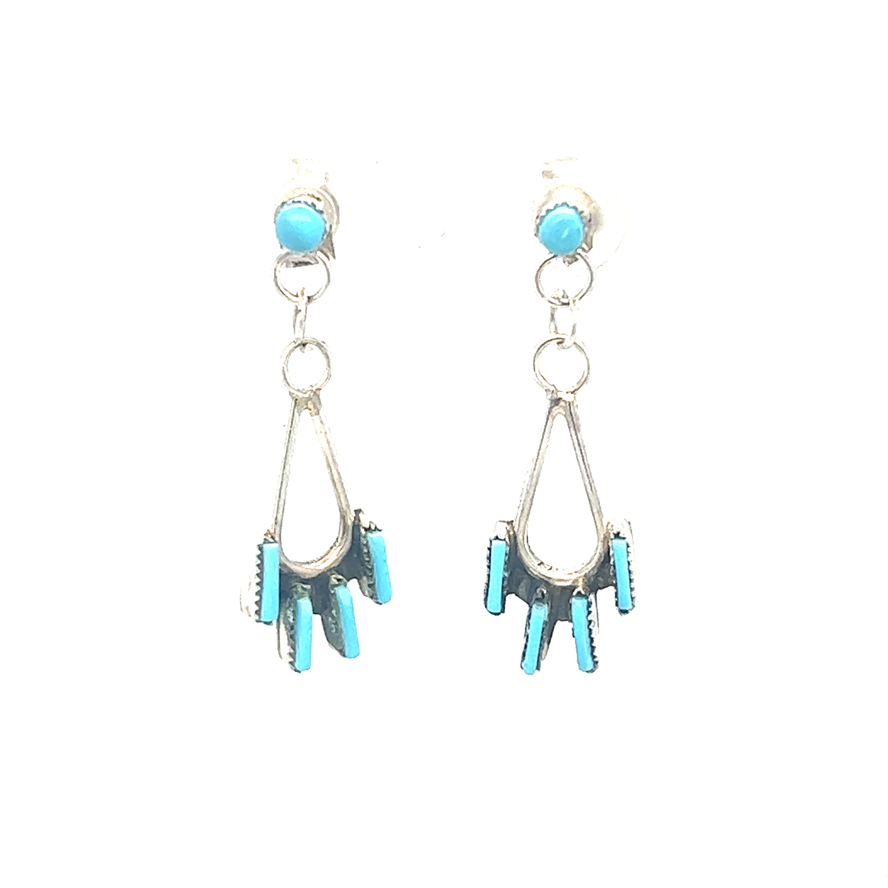 Native American Petit Point Turquoise Earrings, Sterling Silver top Turquoise Earrings, Turquoise Dangle Earrings, Zuni Turquoise Earrings