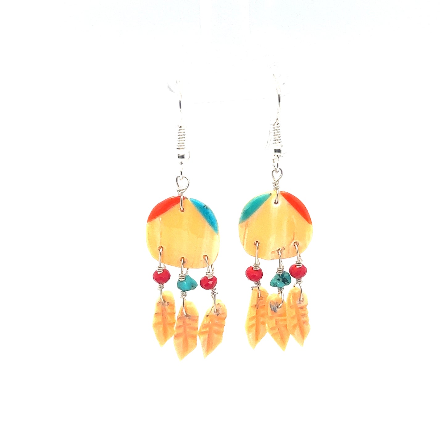 
                  
                    Super Silver's Handcrafted Native American culture-inspired earrings adorned with colorful beads, feathers, and small stones.
                  
                