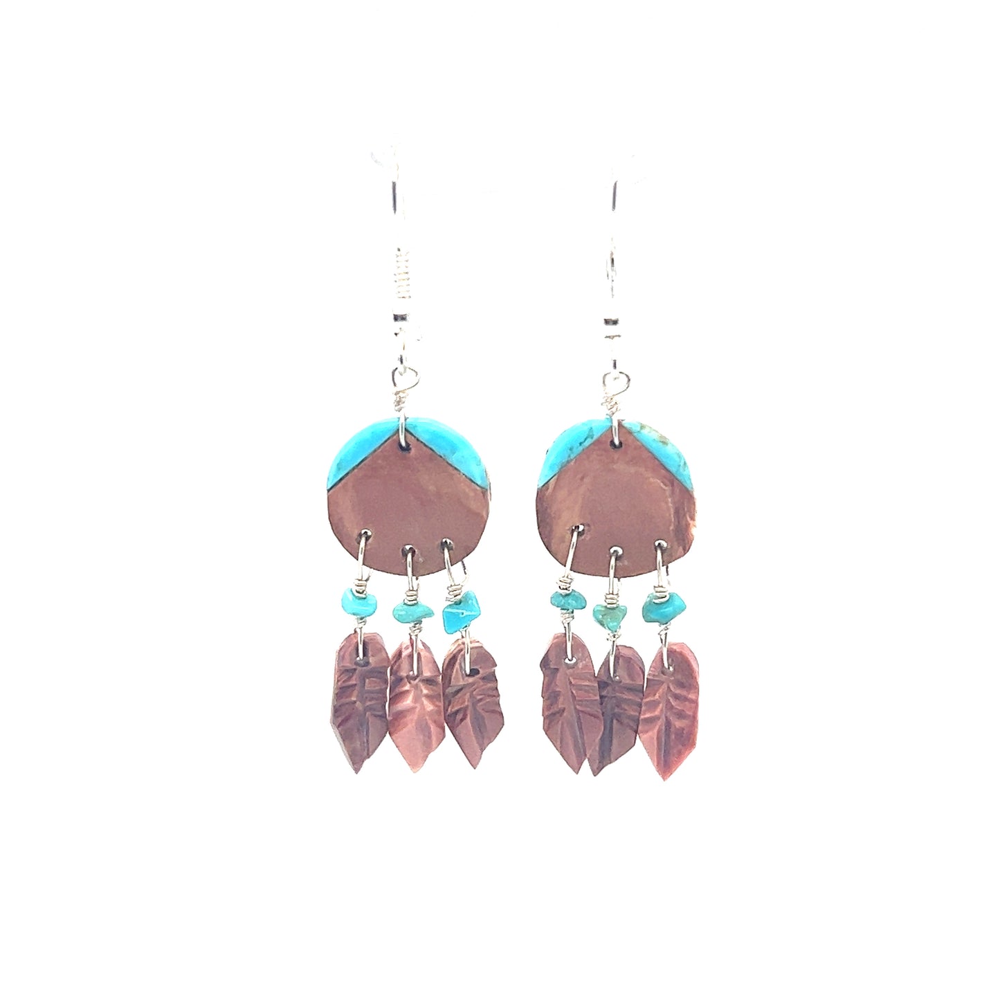 
                  
                    A pair of Handmade Earrings with 3 Small Stone Feathers adorned with feathers, reflecting the artistry of Native American culture by Super Silver.
                  
                