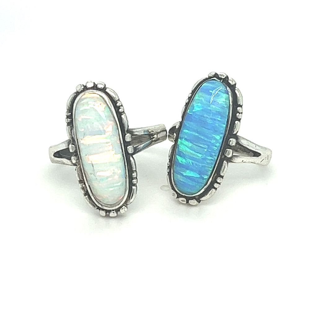 A handcrafted American Made Oval Opal Ring with a southwestern-styled design on a white background from Super Silver.