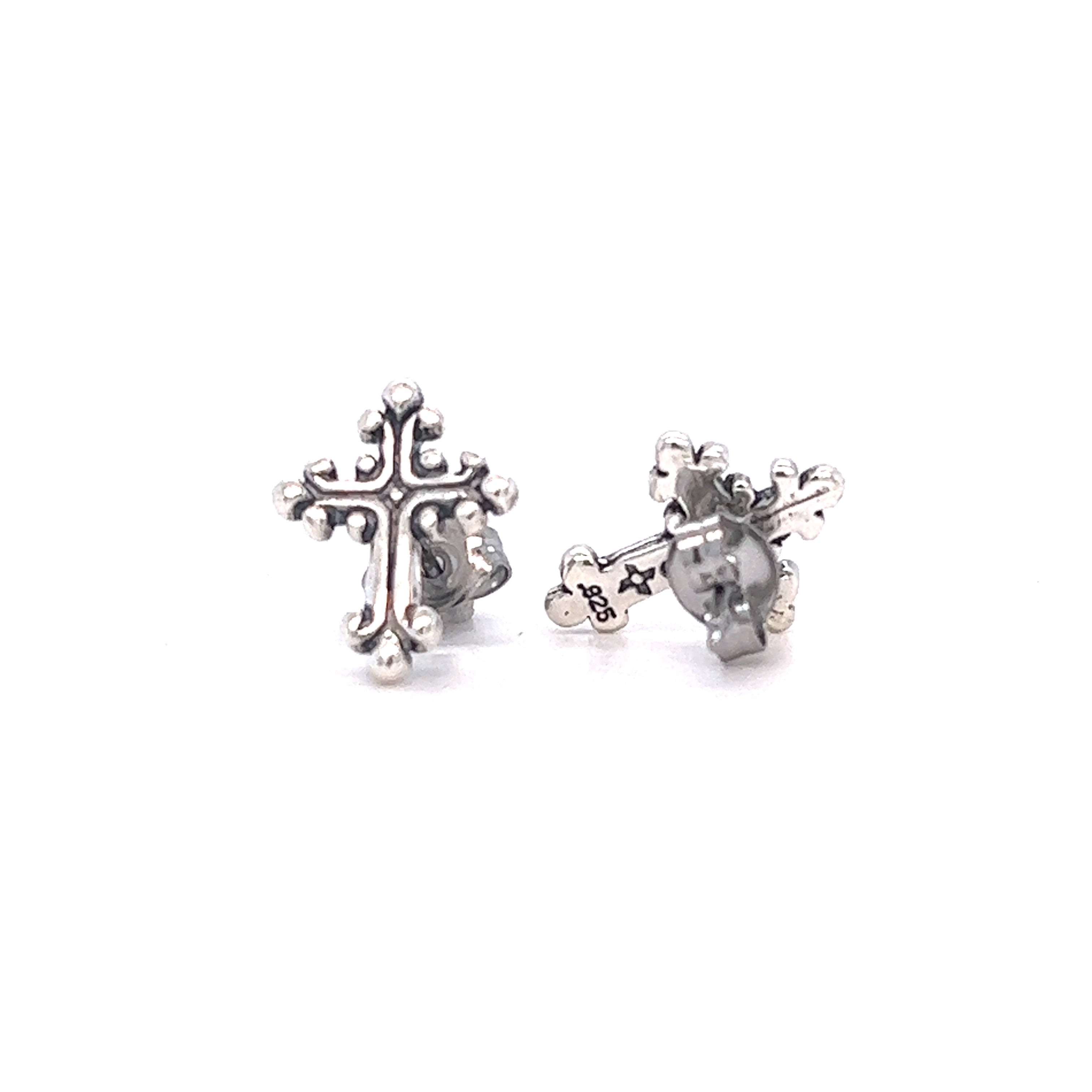Ornate Cross Studs by Super Silver on white background.