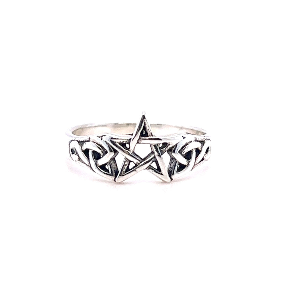 A Small Pentagram Ring with Celtic Knot Design sterling silver ring.