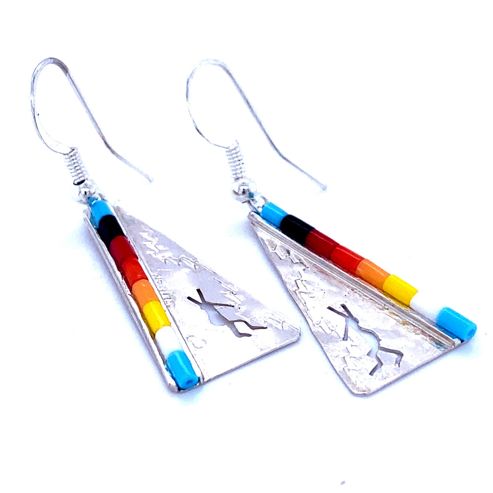 A pair of Super Silver Native Triangular Earrings with Dancing Kokopelli, with multi colored beads.
