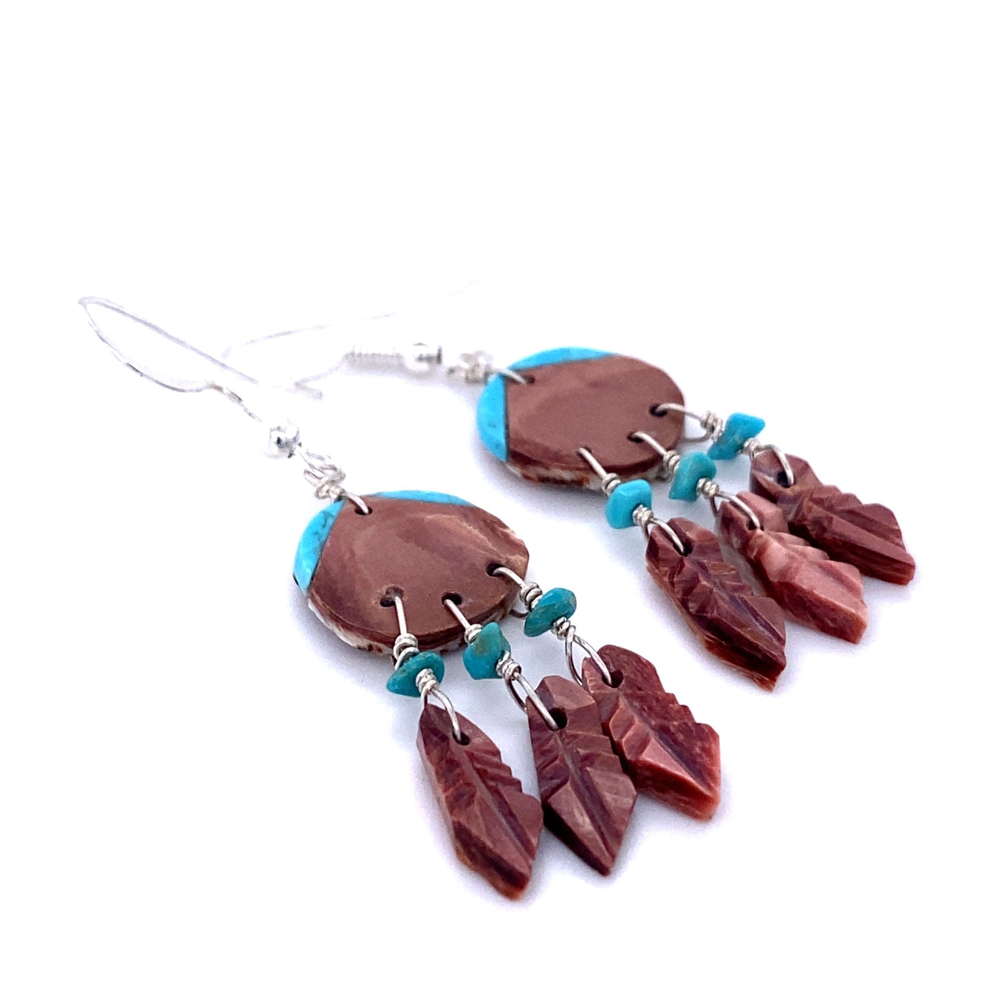 
                  
                    Super Silver's Handmade Earrings with 3 Small Stone Feathers, featuring brown and turquoise natural stone beads, inspired by Native American culture.
                  
                