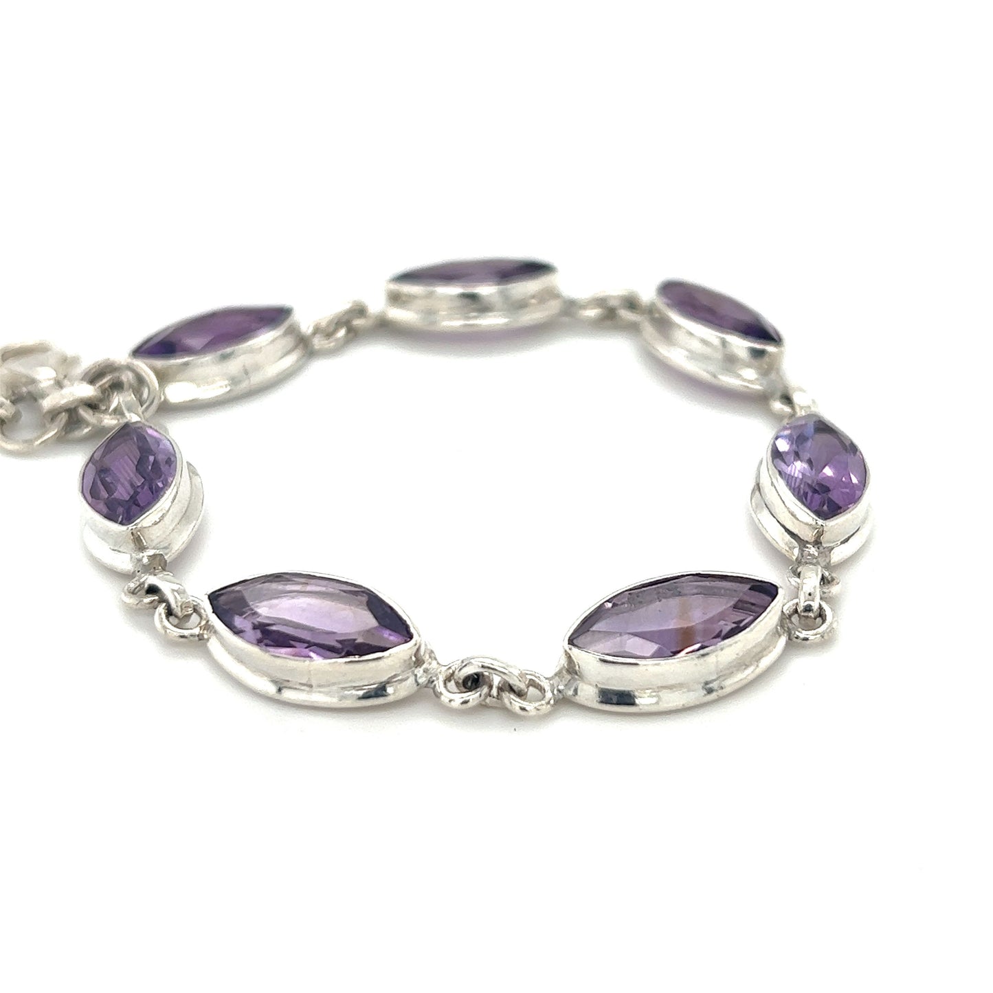 
                  
                    Enhance creativity and healing with this Stunning Amethyst Marquise Shaped Bracelet in sterling silver, by Super Silver.
                  
                