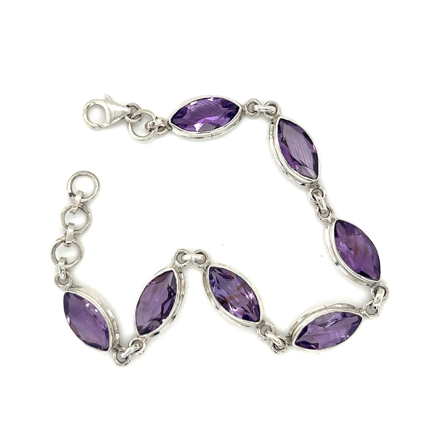 
                  
                    Stunning Amethyst Marquise Shaped Bracelet - a stunning piece of jewelry made with amethyst stones set in a beautiful sterling silver setting. This elegant accessory not only adds a touch of style to any outfit but also carries the potential. (Brand Name: Super Silver)
                  
                