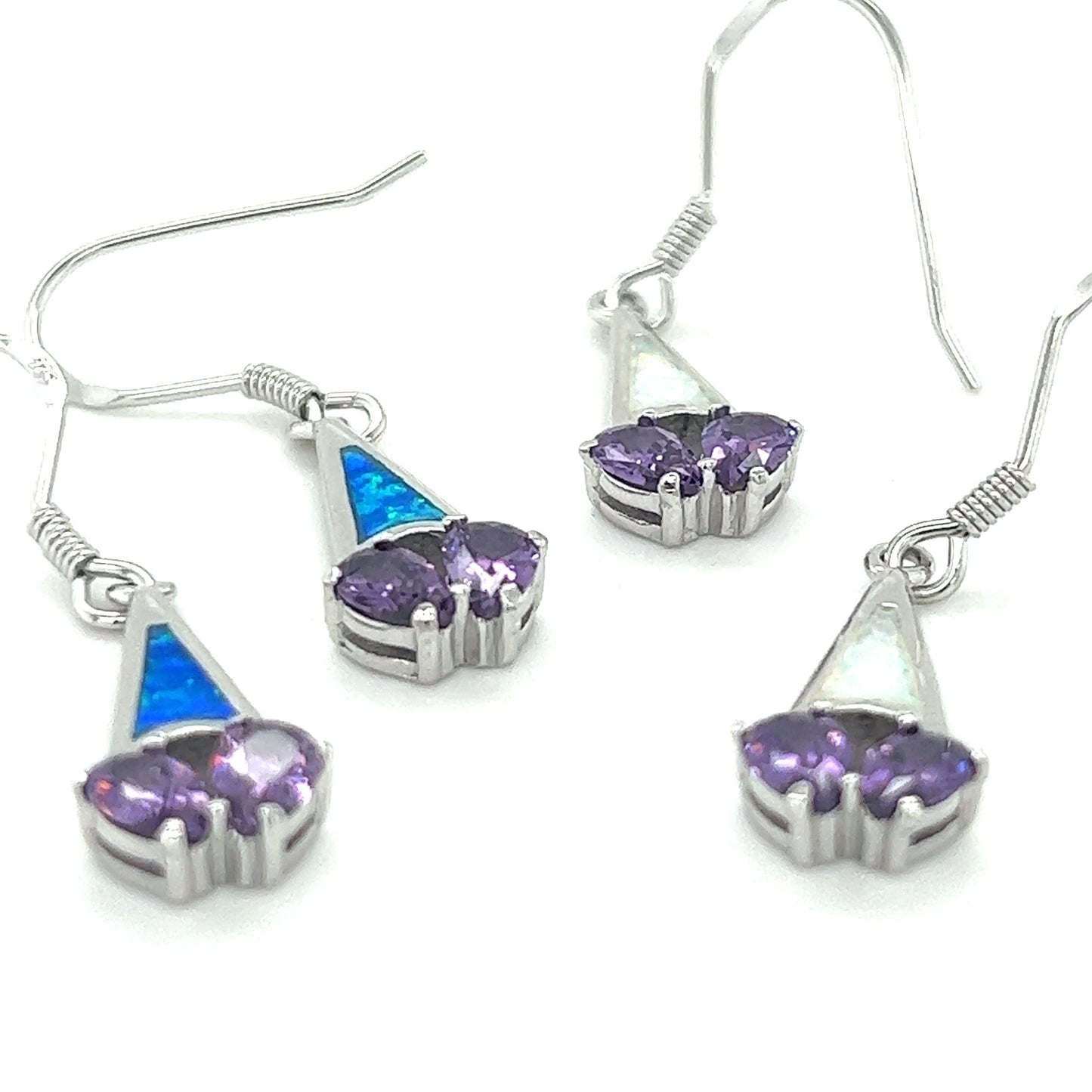 A pair of Created Opal Earrings with purple Cubic Zirconia, adorned with a rhodium-plated finish by Super Silver.