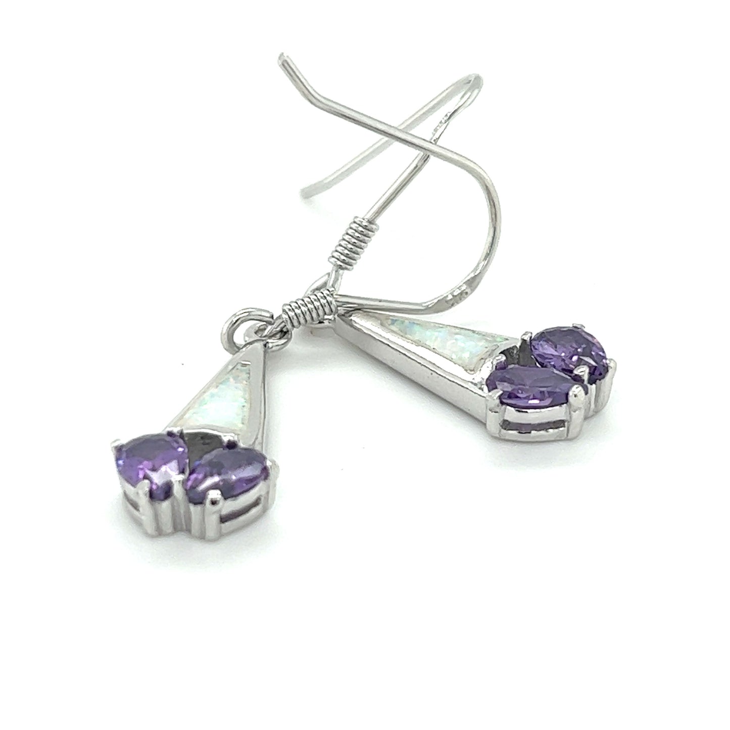 
                  
                    A pair of Super Silver Created Opal earrings with purple cubic zirconia and white diamonds, featuring a rhodium-plated finish.
                  
                