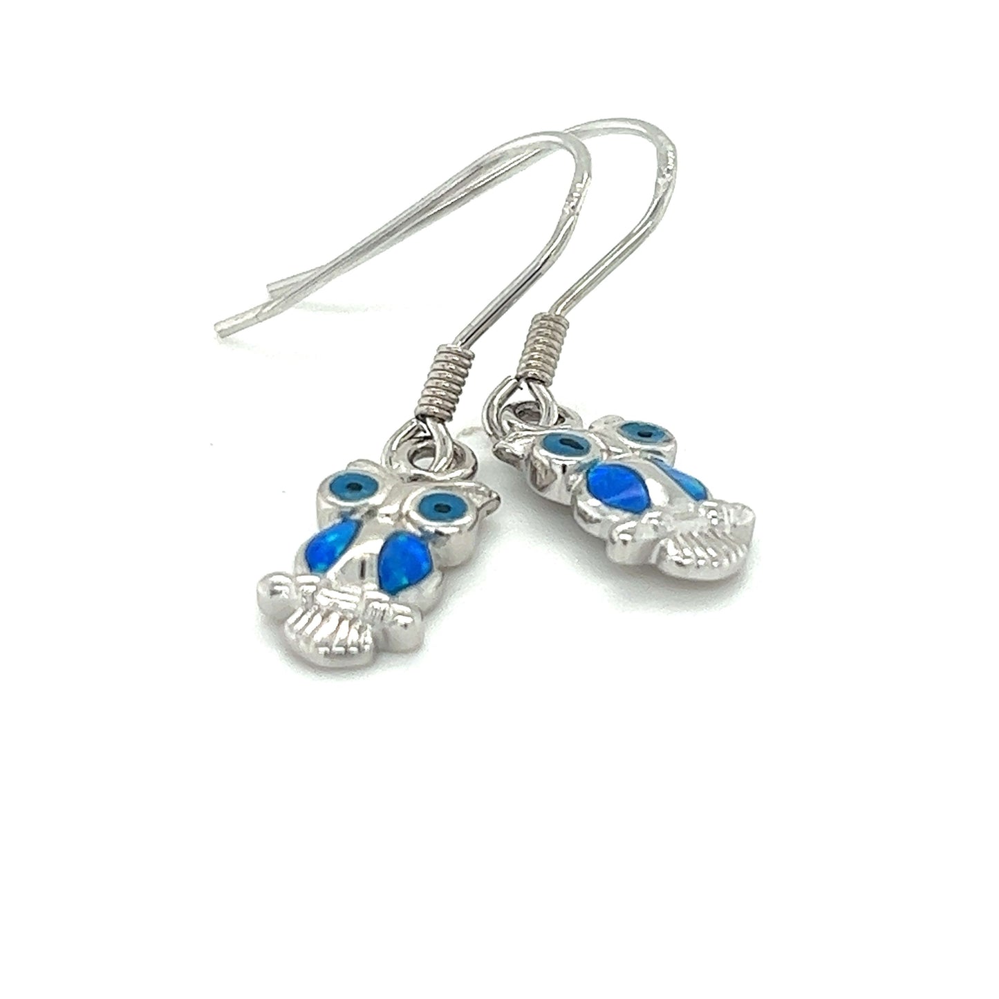 
                  
                    A pair of Lab-Created Opal Owl Earrings.
                  
                