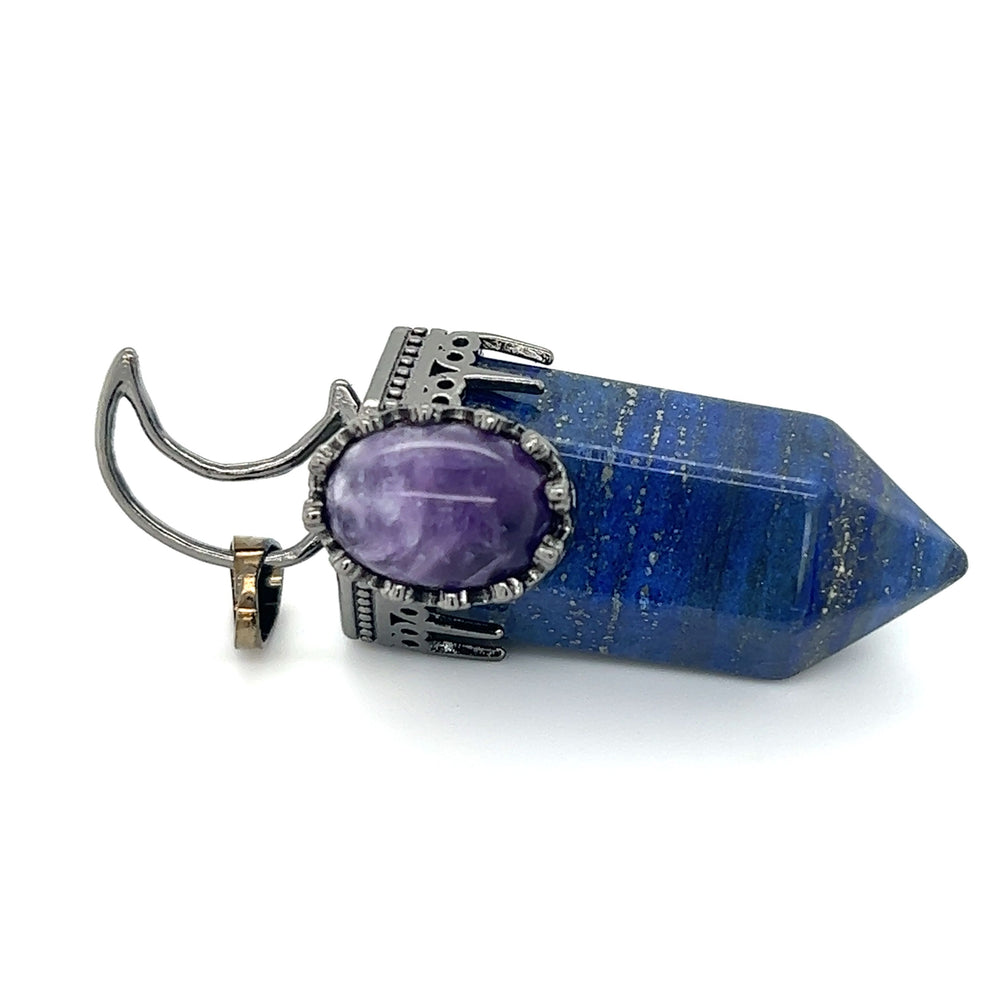 A Sodalite Crescent Moon Pendant with a blue Sodalite stone and purple Amethyst stone from Super Silver.