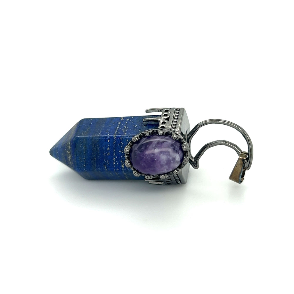 
                  
                    A Sodalite Crescent Moon Pendant with a lapis stone and an Amethyst stone by Super Silver.
                  
                