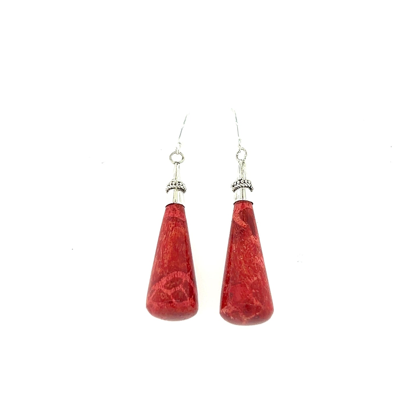 
                  
                    A pair of Super Silver Long Sponge Coral Drop Earrings on a white background, radiating happiness.
                  
                