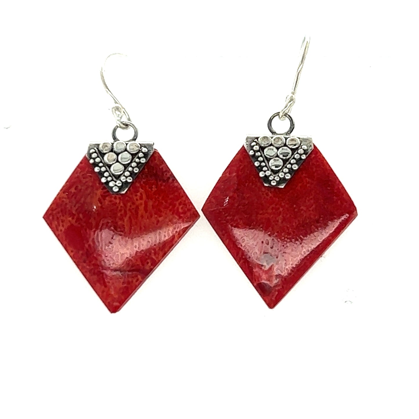 A pair of red and silver Super Silver Sponge Coral Diamond Earrings with a diamond shape.