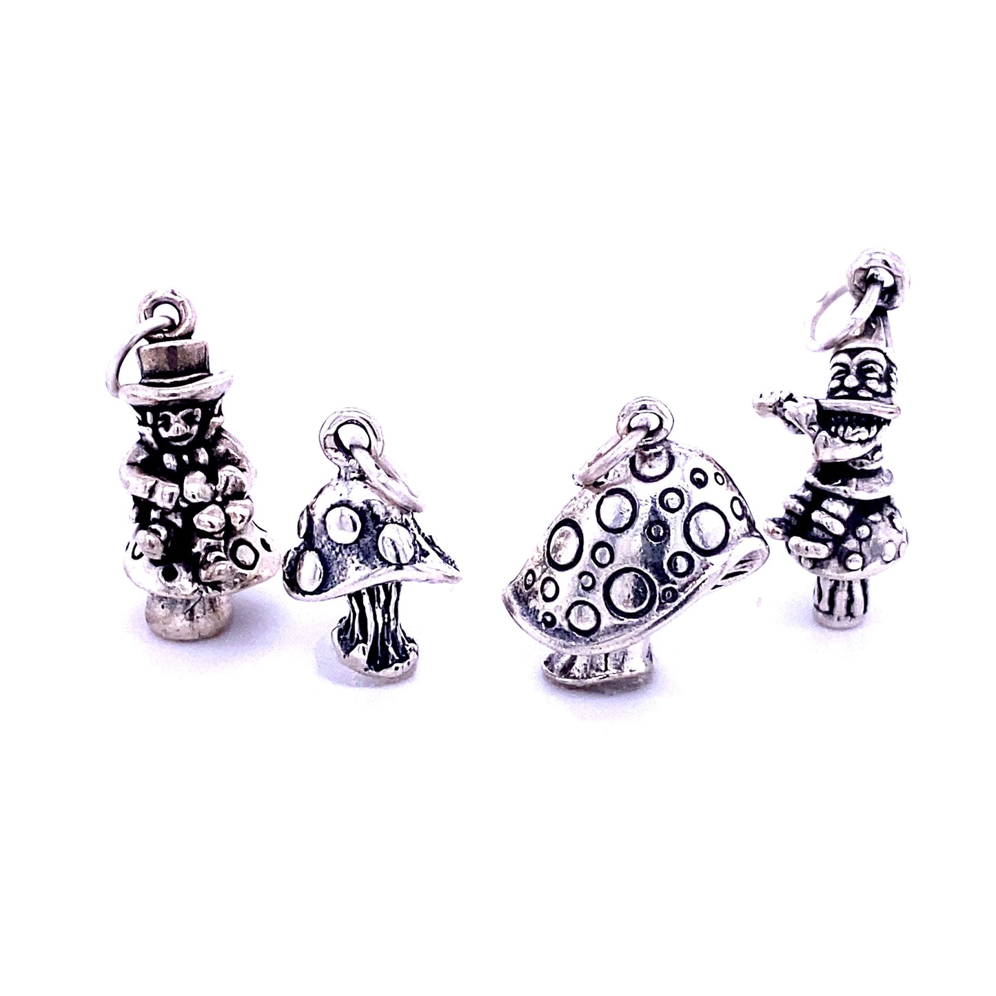 A collection of Mystical Mushroom Charms by Super Silver, including a small mushroom, arranged delicately on a clean white surface.