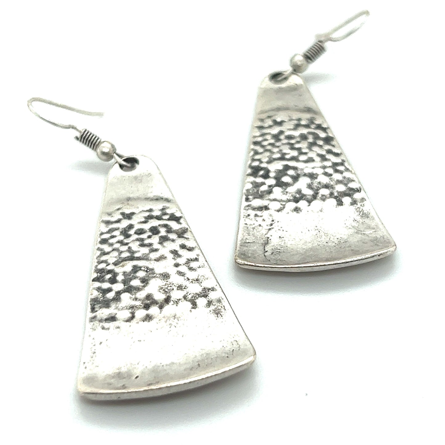 
                  
                    A pair of Super Silver Triangular Boho Statement Earrings, perfect for boho-chic enthusiasts, on a white background.
                  
                