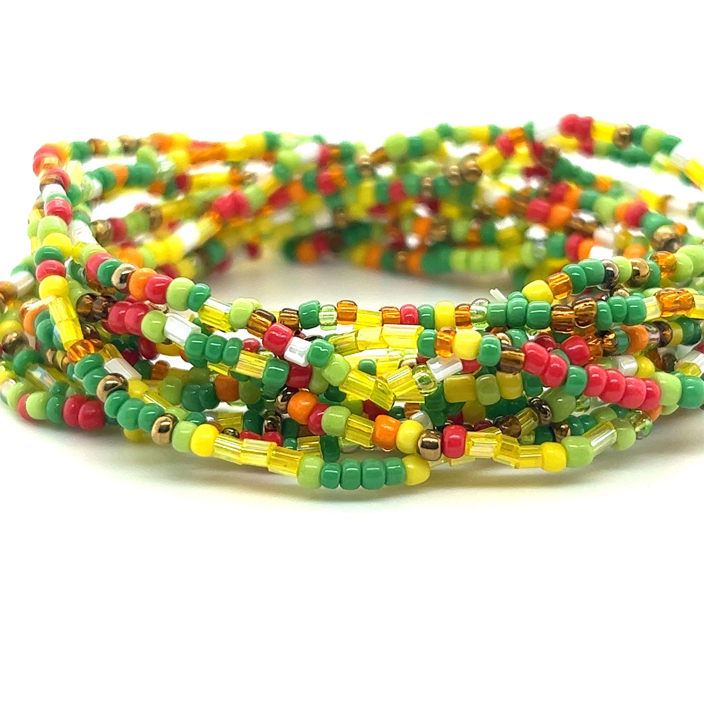 
                  
                    A stack of Dainty Beaded Bracelets in vibrant colors on a white background by Super Silver.
                  
                
