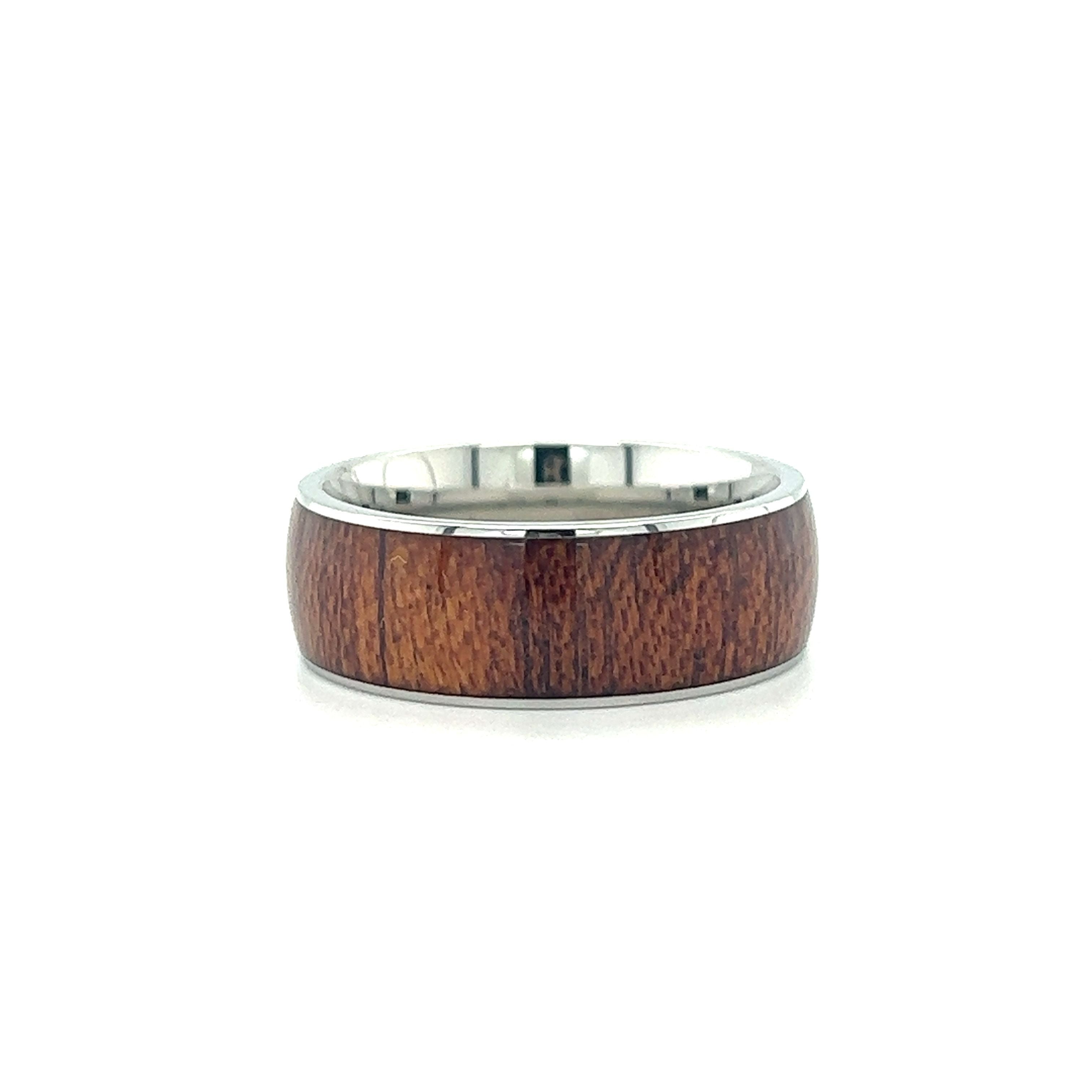 A Koa Wood Stainless Steel Ring with a wood inlay by Super Silver.