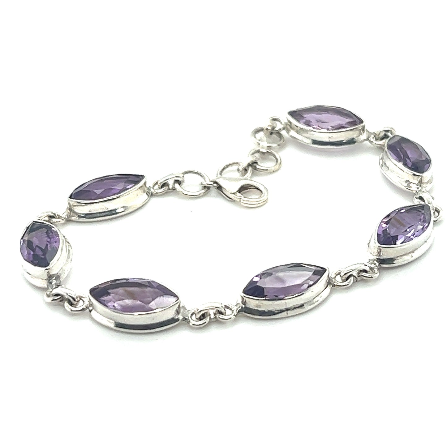 
                  
                    Enhance your creativity with this Stunning Amethyst Marquise Shaped Bracelet in sterling silver from Super Silver, known for its powerful healing properties.
                  
                