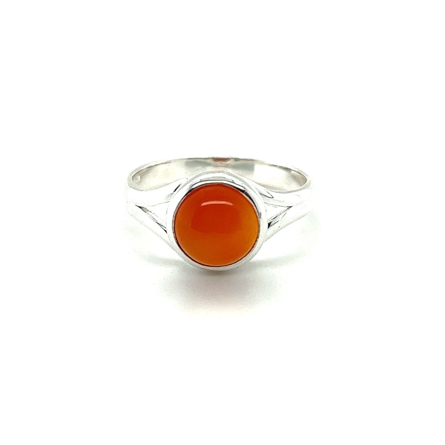 
                  
                    A Super Silver Simple Vibrant Circular Stone Ring with a vibrant orange stone.
                  
                