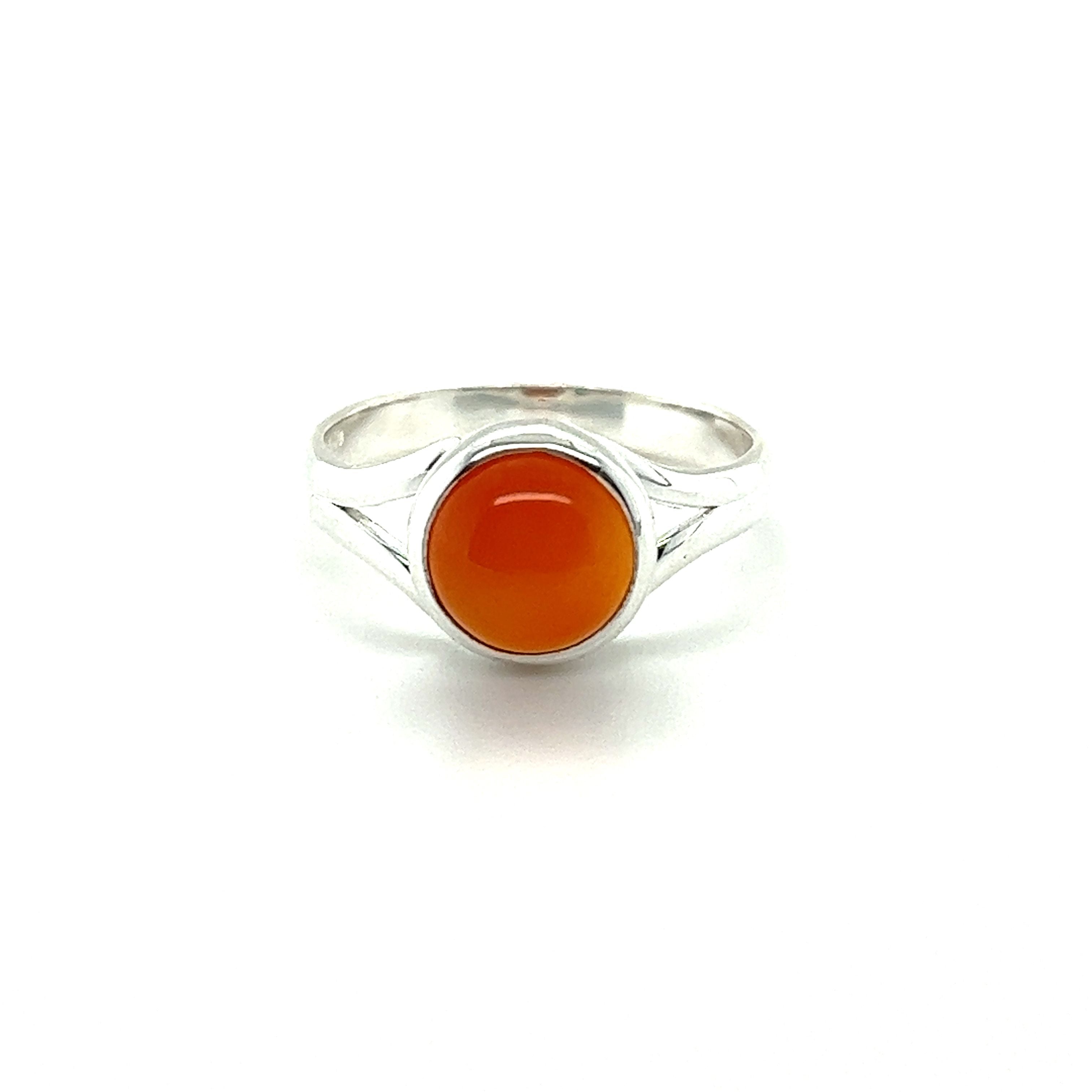 A Super Silver Simple Vibrant Circular Stone Ring with a vibrant orange stone.
