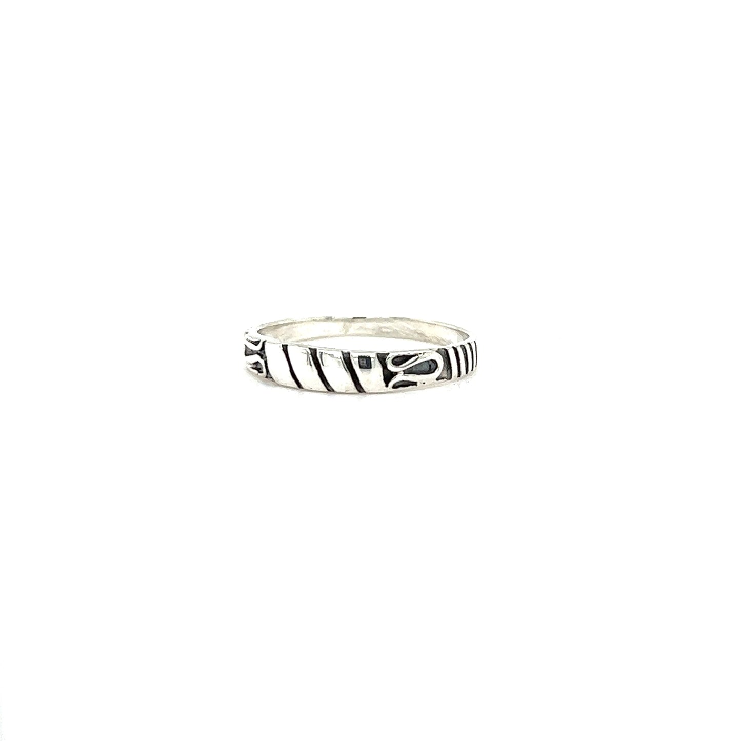 
                  
                    A Bali Style Silver Band ring with black and white stripes, perfect for those embracing a bohemian style.
                  
                