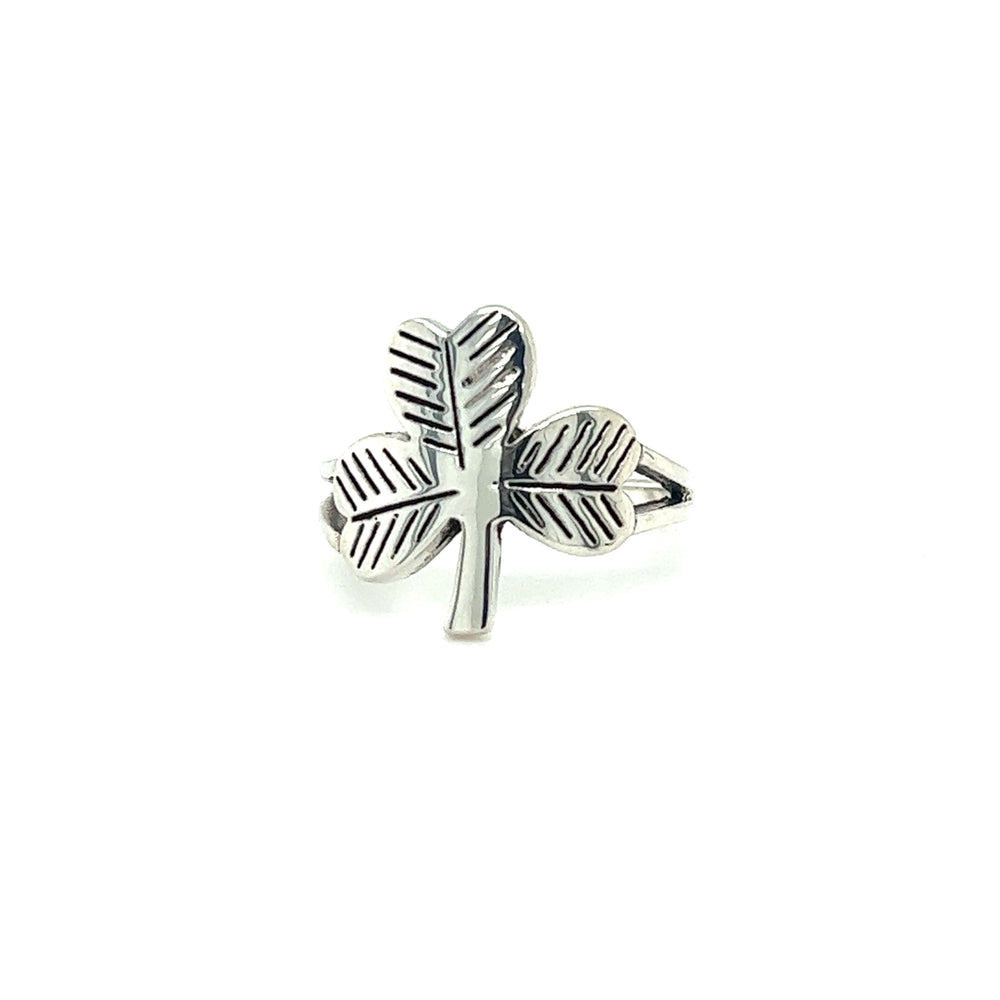 
                  
                    A silver Super Silver Three-Leaf Clover Ring with a shamrock symbolizing faith.
                  
                