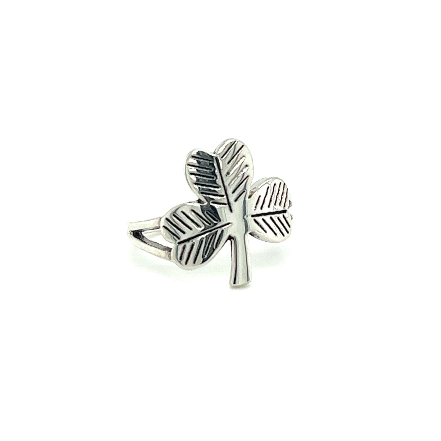 
                  
                    Super Silver Three-Leaf Clover Ring: A silver ring with a shamrock, a symbol of faith.
                  
                