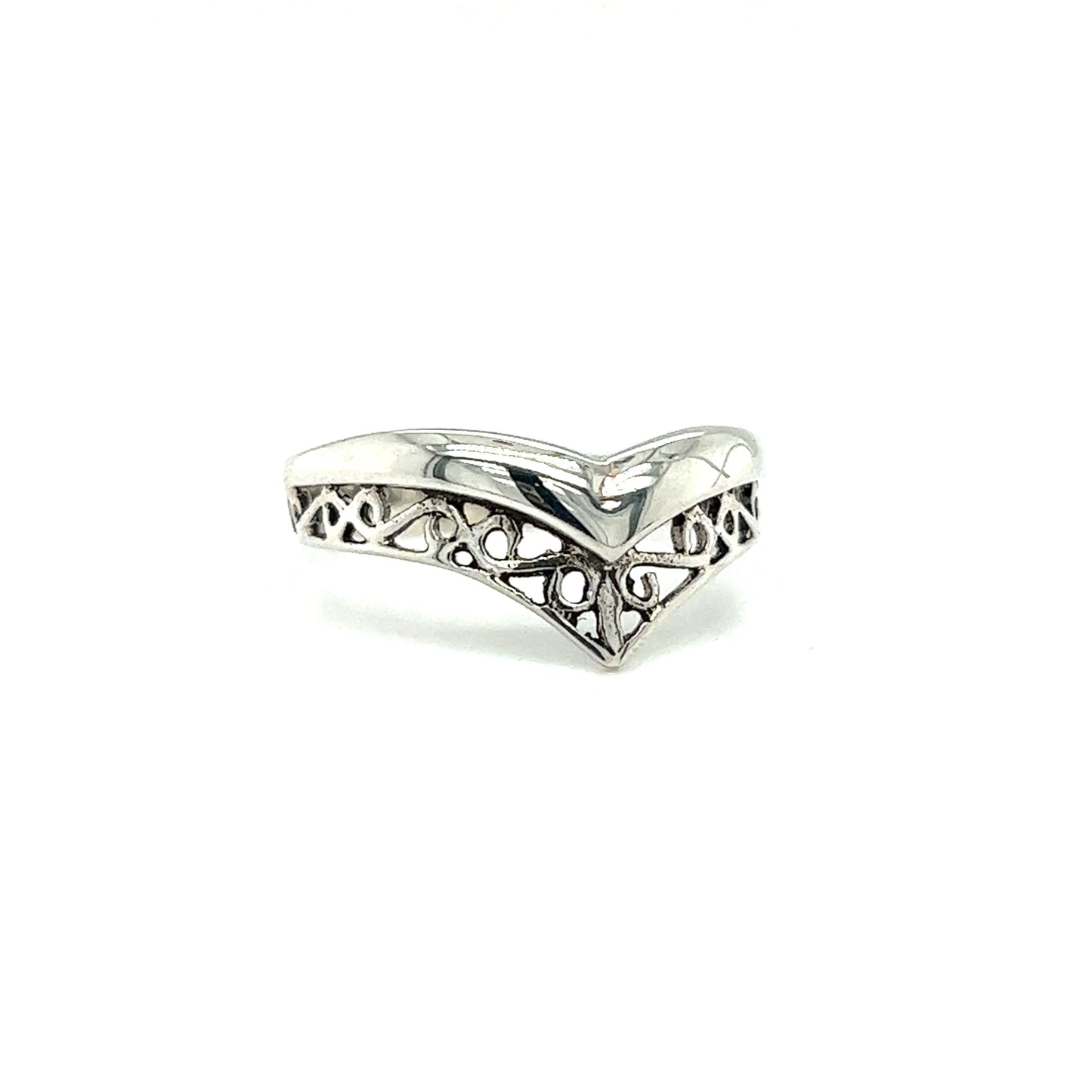 
                  
                    A stackable silver Filigree Chevron Ring with a minimalist and intricate chevron design.
                  
                