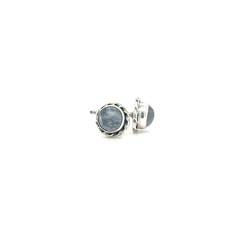 
                  
                    These Super Silver Round Stone Stud Earrings with Twist Details feature a stunning blue stone, adding a pop of color to your ensemble.
                  
                