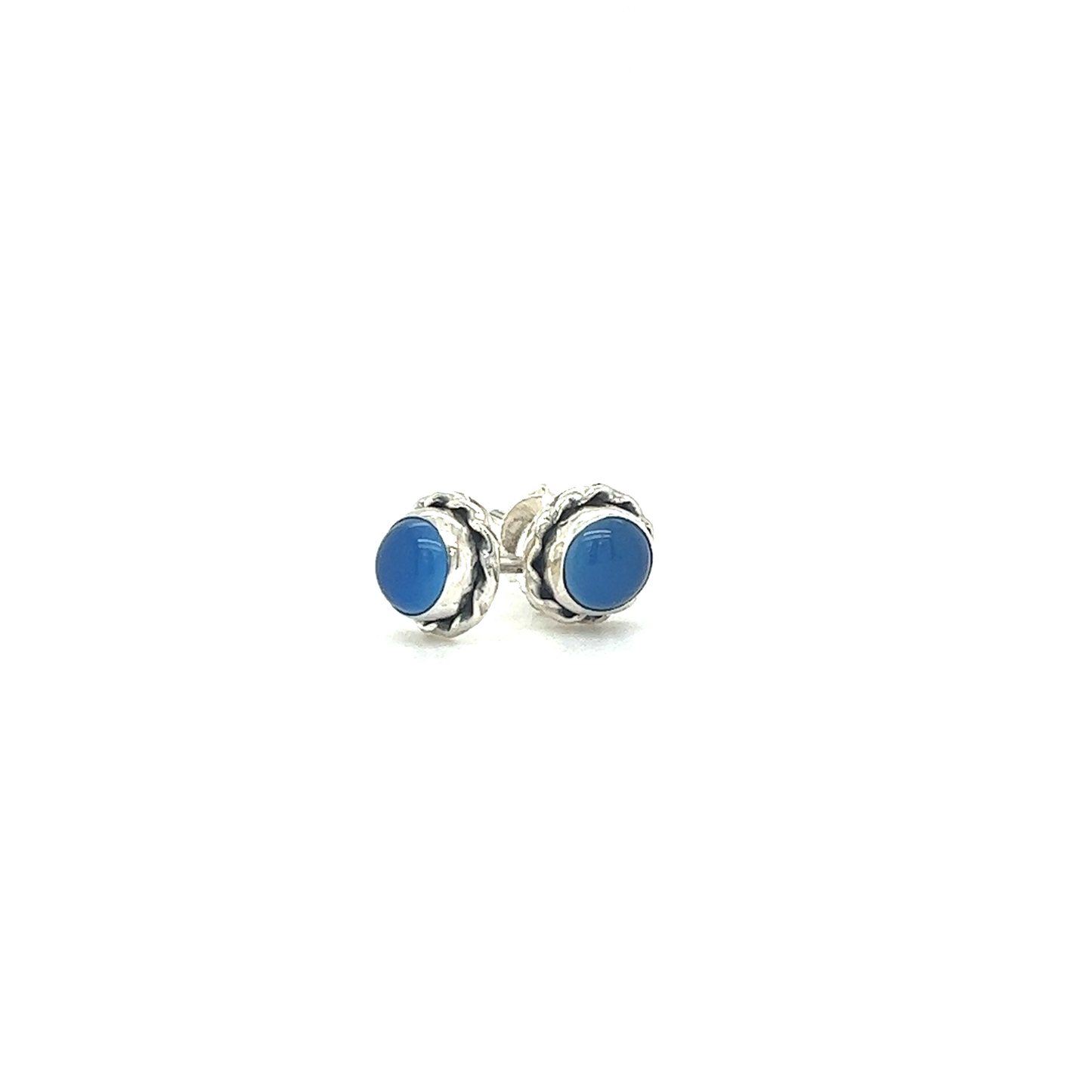 
                  
                    A pair of round stone stud earrings with twist details by Super Silver on a white background.
                  
                