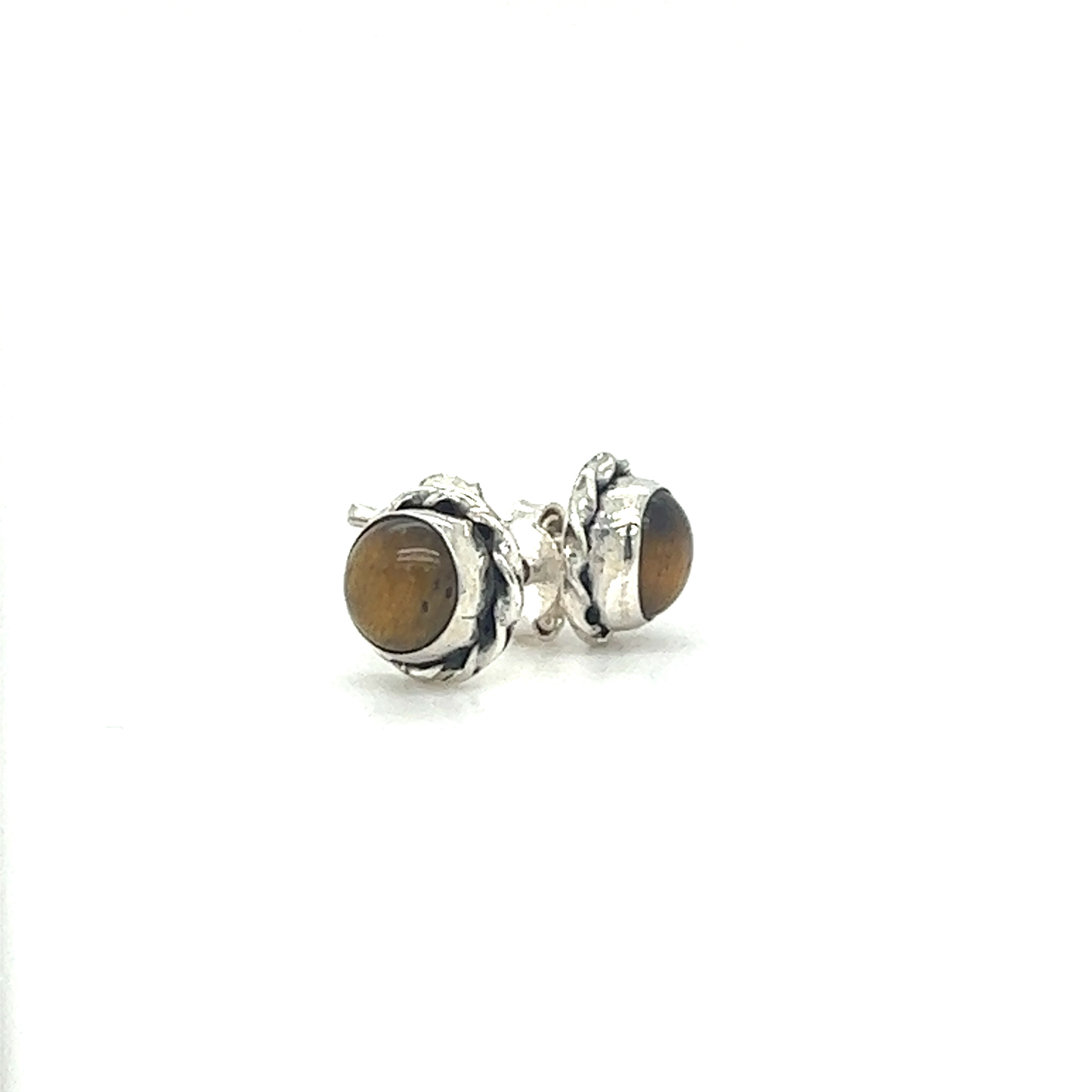 
                  
                    Round Tiger eye stone stud earrings in sterling silver.
                  
                